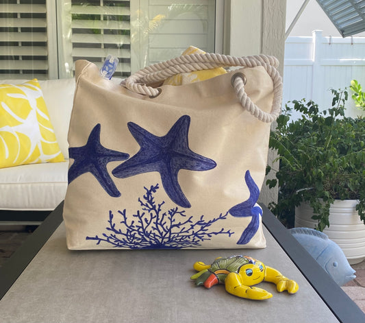 Tote Bag with Blue Starfish and Coral